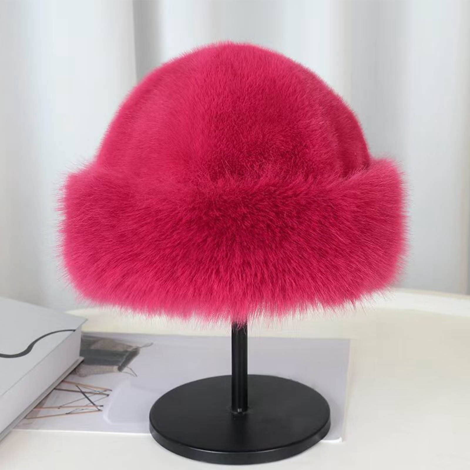 HongQid Winter Faux Fur Bucket Hat Women Fuzzy Fur Warm Hat  display picture 2