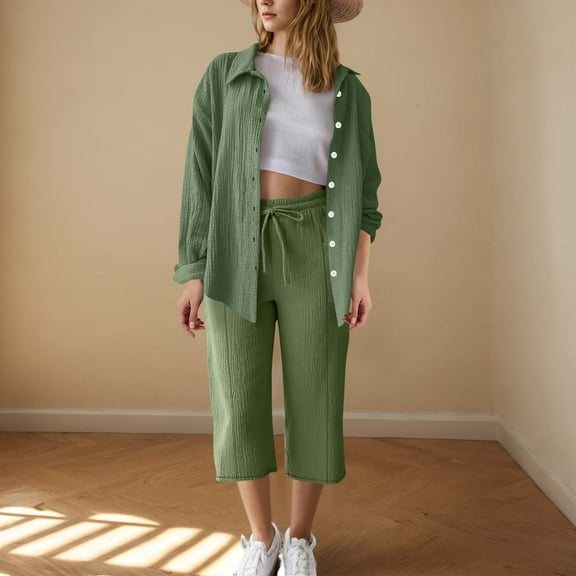 HongQid Women 2 Piece Linen Sets Button Down Shirt and Drawstring Capri Pants Set Summer Outfits