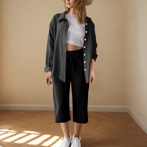 HongQid Women 2 Piece Linen Sets Button Down Shirt and Drawstring Capri Pants Set Summer Outfits