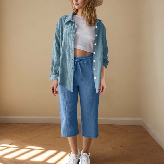 HongQid Women 2 Piece Linen Sets Button Down Shirt and Drawstring Capri Pants Set Summer Outfits