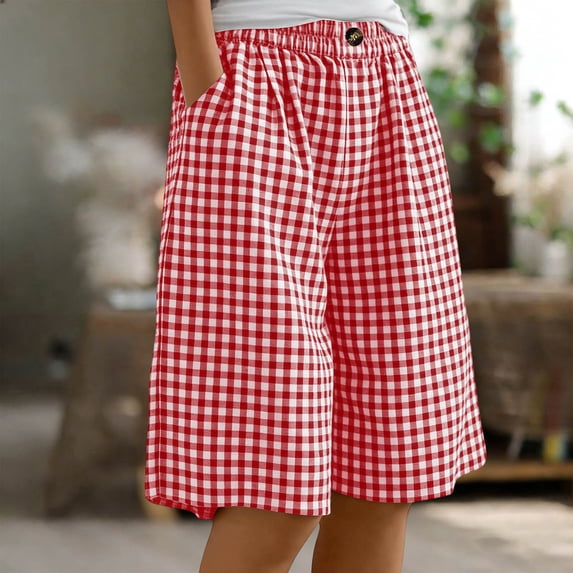HongQid Women Bermuda Shorts Knee-Length Drawstring Elastic Waist Wide Leg Baggy Gingham Shorts with Pockets