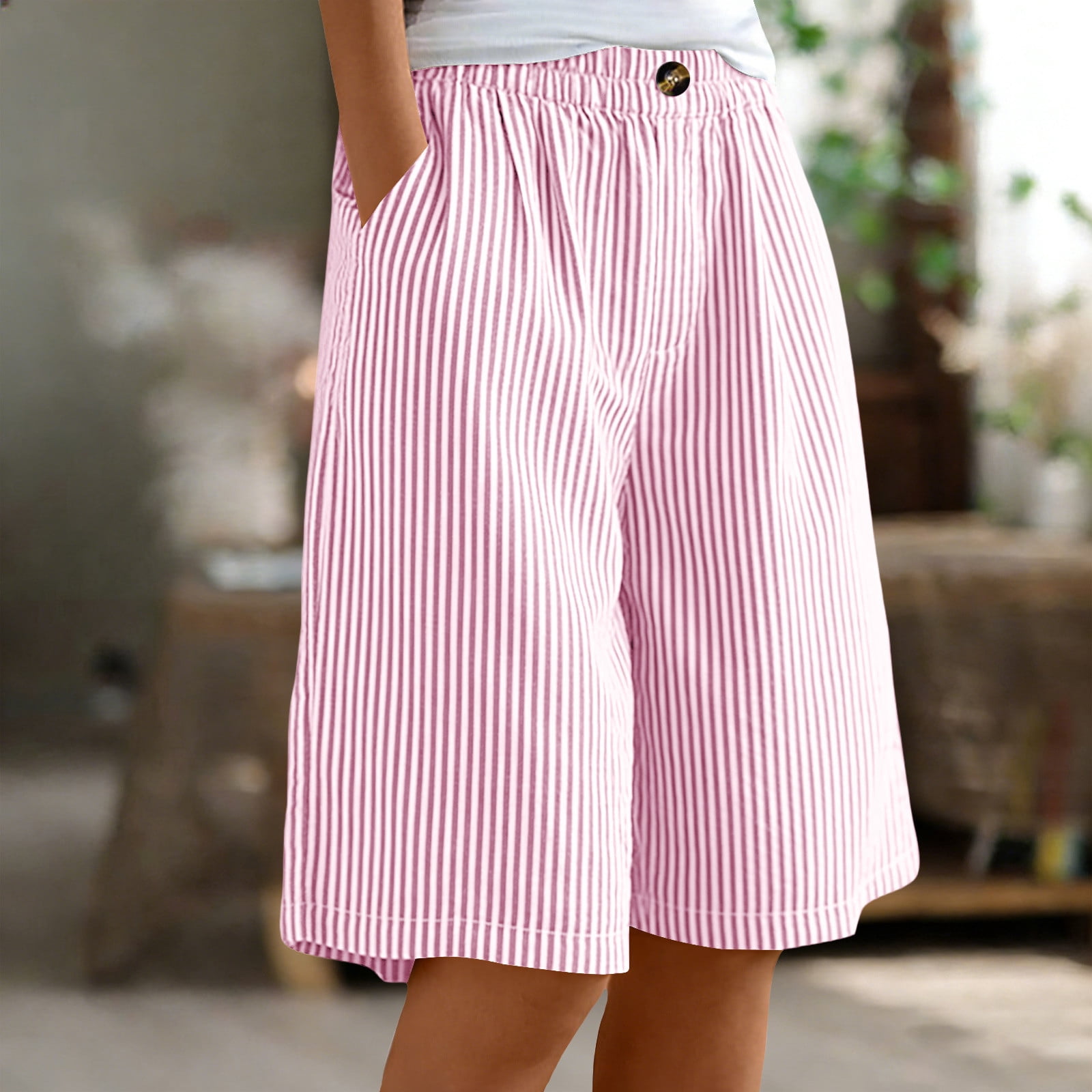 HongQid Women Bermuda Shorts Knee-Length Drawstring Elastic Waist Wide ...