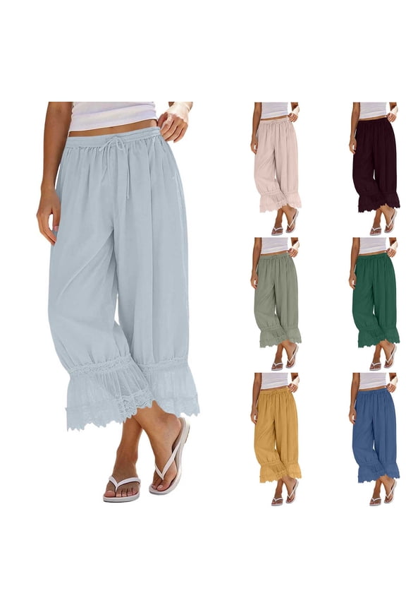 Women Bloomer Pant Lace Trim Long Pantaloon Elastic Waist Mid Rise Flared Pajamas Cropped Culottes Capri Ruffle Hem Pants