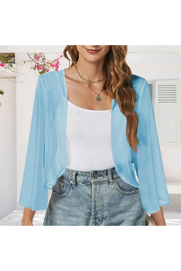 Women Cardigan Mesh Long Sleeves Open Front Lightweight Cardigans Ruffles Lightweight