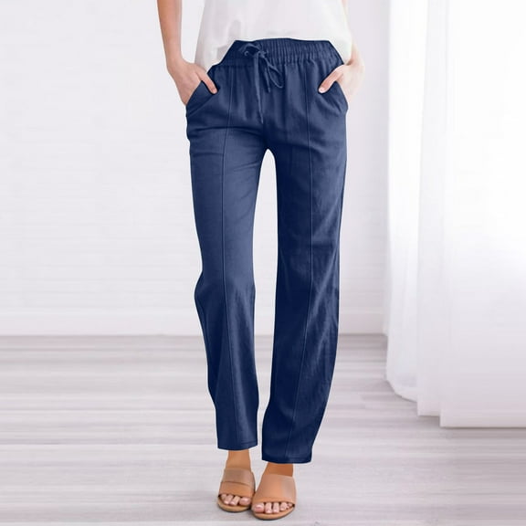 HongQid Women Cotton Linen Drawstring Straight Leg Pants Elastic Waist Pants Casual Trousers with Pockets