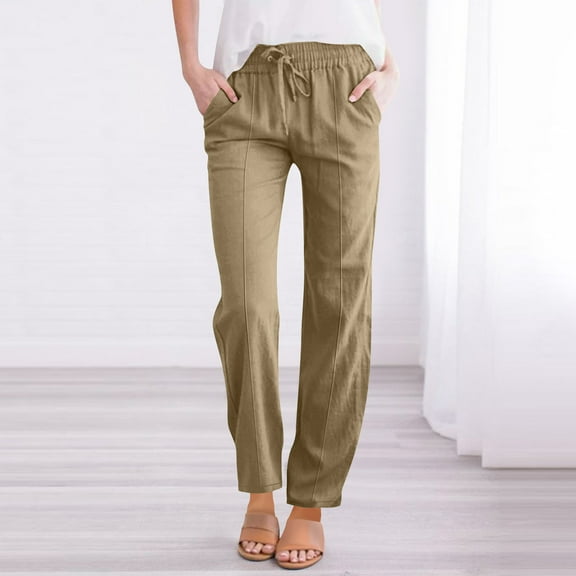 HongQid Women Cotton Linen Drawstring Straight Leg Pants Elastic Waist Pants Casual Trousers with Pockets