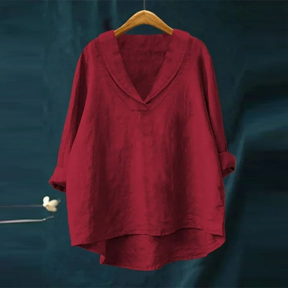 HongQid Women Cotton Linen V Neck Long Sleeve Tunic, Tee Shirts Tops Loose Fit, Linen Blouse for Women