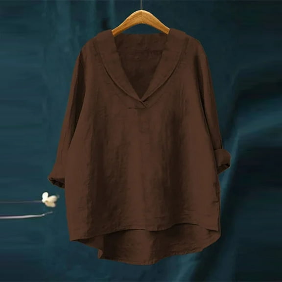 HongQid Women Cotton Linen V Neck Long Sleeve Tunic, Tee Shirts Tops Loose Fit, Linen Blouse for Women