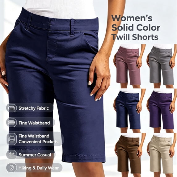 HongQid Women Cotton Twill Flat Front Uniform Stretch Chino Shorts Stretch Classic-Fit Bermuda Khaki Short Trousers Casual Walking Mid Rise Knee Length Bottoms Spring Summer Office Outdoor Wear