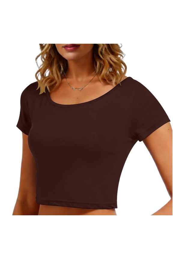 Women Crewneck Short Sleeve Mini Crop Tops Summer Y2K Slim Fit Cotton T-Shirts
