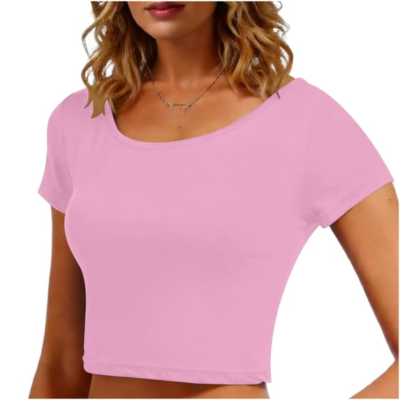 HongQid Women Crewneck Short Sleeve Mini Crop Tops Summer Y2K Slim Fit Cotton T-Shirts