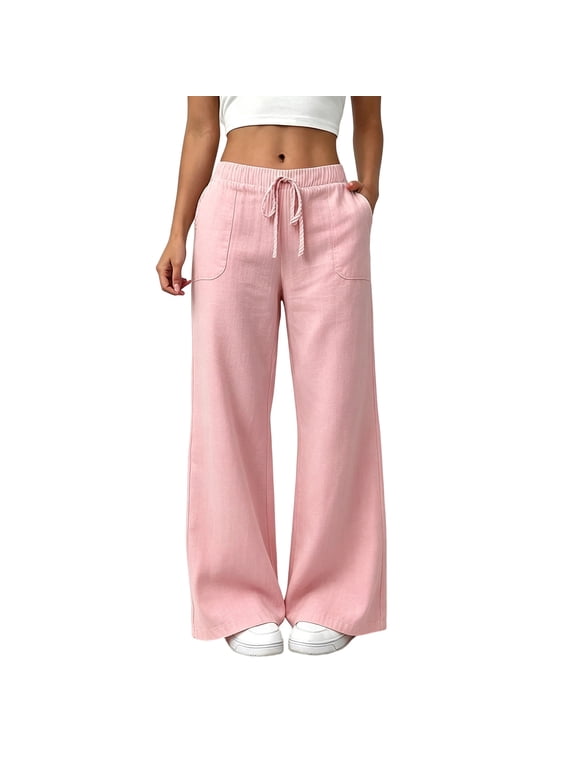 Women Drawstring Wide Leg Linen Blend Pants,Elastic Waist Side Pocket Casual Trousers,Straight-Leg Plain Lightweight Daily Wear Bottoms for Spring Summer Travel Shopping