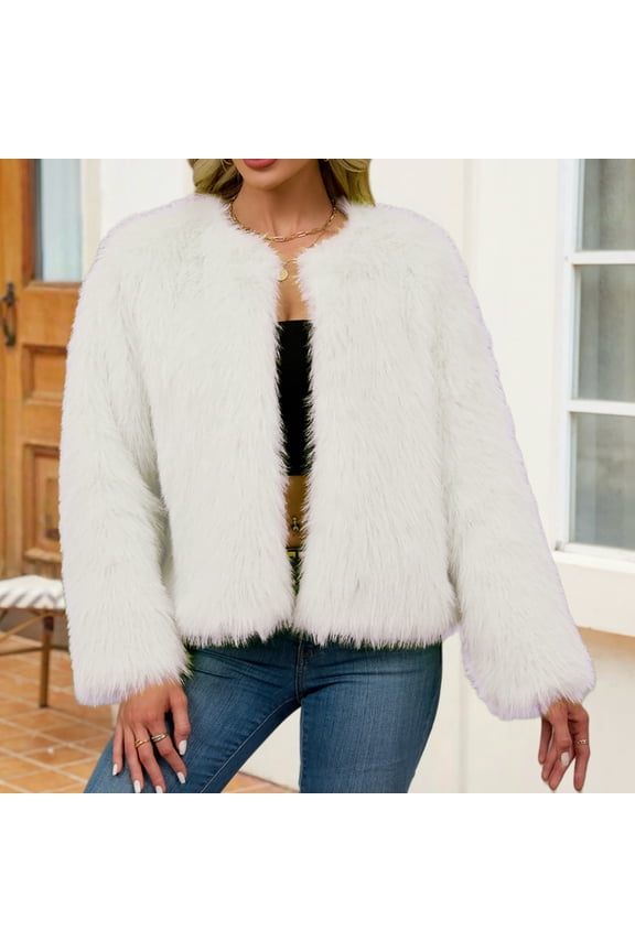 Women Faux Fur Coat Fluffy Long Sleeve Open Front Cropped Furry Jacket Shaggy Warm Winter Outwear