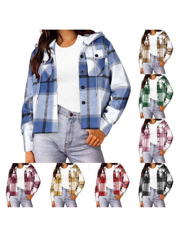 Women Hooded Plaid Flannel Shacket Button Down Cropped Long Sleeve Drawstring Outer Jacket with Chest Pockets S-2XL