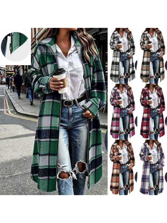 Women Jakcets Long Plaid Zip Up Collared Flannel Duster Coat Long Sleeve Oversized Loose Open Front Jacket Casual Fall Winter Outerwear