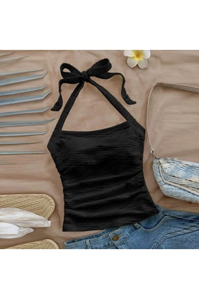 Women Lace Up Backless Crop Halter Top Y2k Slim Fit Sleeveless V Neck Self Tie Back Crop Cami Top