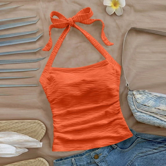 HongQid Women Lace Up Backless Crop Halter Top Y2k Slim Fit Sleeveless V Neck Self Tie Back Crop Cami Top