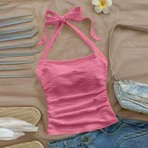 HongQid Women Lace Up Backless Crop Halter Top Y2k Slim Fit Sleeveless V Neck Self Tie Back Crop Cami Top