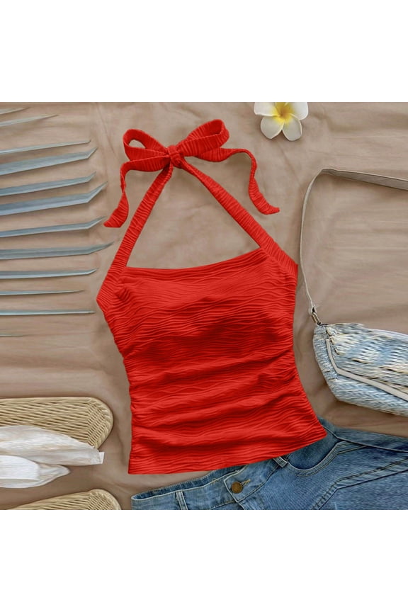 Women Lace Up Backless Crop Halter Top Y2k Slim Fit Sleeveless V Neck Self Tie Back Crop Cami Top