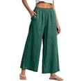 thumbnail image 1 of HongQid Women Linen Blend Cropped Wide Leg Pants Flowy Baggy Elastic Drawstring Waist Casual Trousers Side Pocket Breathable Bottoms Summer Travel Shopping Outfits, 1 of 7