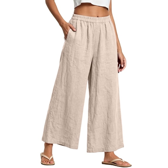 HongQid Women Linen Blend Cropped Wide Leg Pants Flowy Baggy Elastic Drawstring Waist Casual Trousers Side Pocket Breathable Bottoms Summer Travel Shopping Outfits