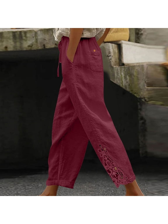 Women Linen Pants Summer Casual Drawstring Elastic Waist Ankle Crop Pants Lightweight Capris Beachwear