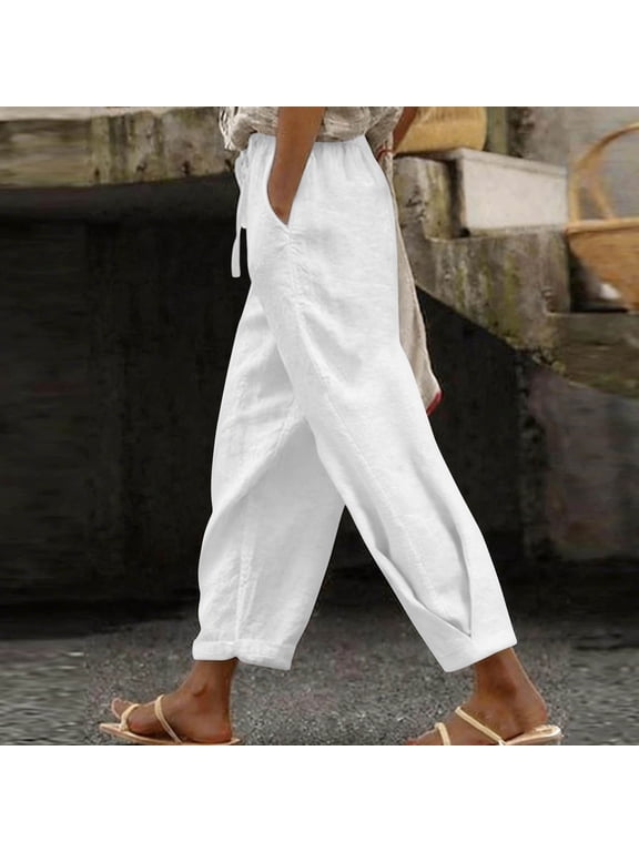 Women Linen Pants Summer Casual Drawstring Elastic Waist Ankle Crop Pants Lightweight Capris Beachwear