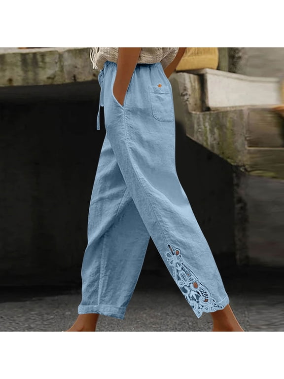 Women Linen Pants Summer Casual Drawstring Elastic Waist Ankle Crop Pants Lightweight Capris Beachwear