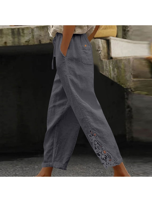 Women Linen Pants Summer Casual Drawstring Elastic Waist Ankle Crop Pants Lightweight Capris Beachwear