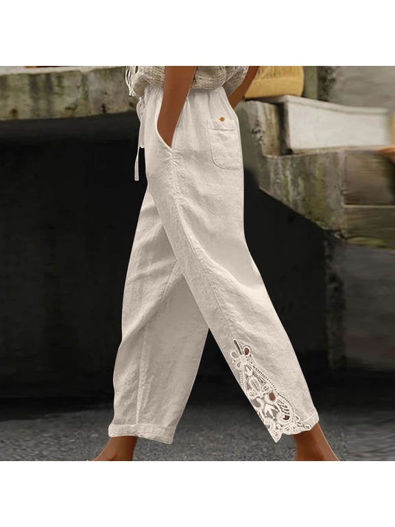 Women Linen Pants Summer Casual Drawstring Elastic Waist Ankle Crop Pants Lightweight Capris Beachwear
