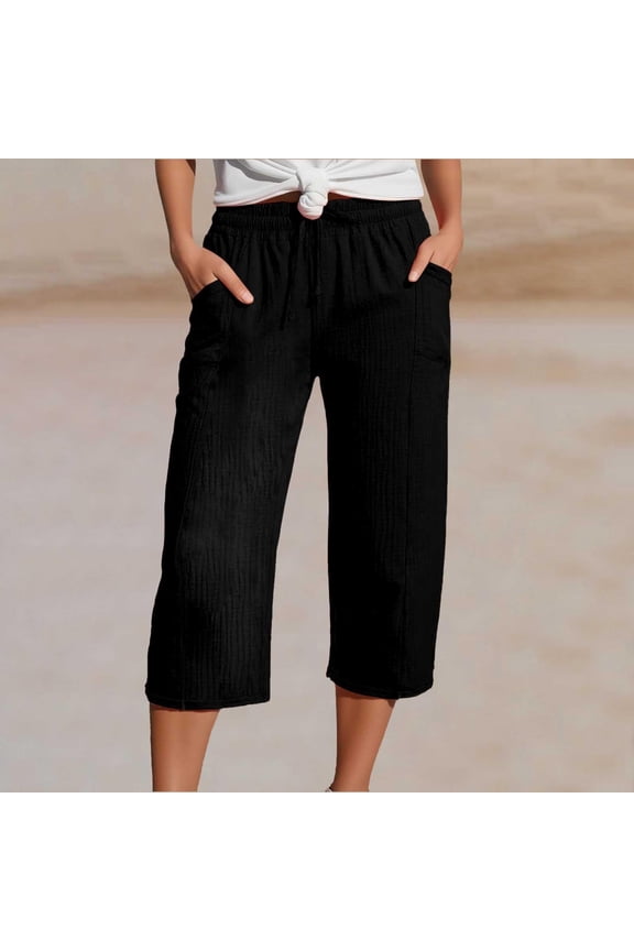 Women Linen Shorts Casual Knee Length Shorts Summer Beach Lightweight Capri Pants