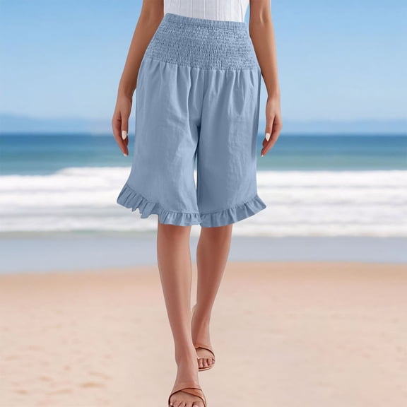 HongQid Women Linen Shorts Casual Knee Length Shorts with Ruffle Hem Summer Beach Lightweight Capri Pants