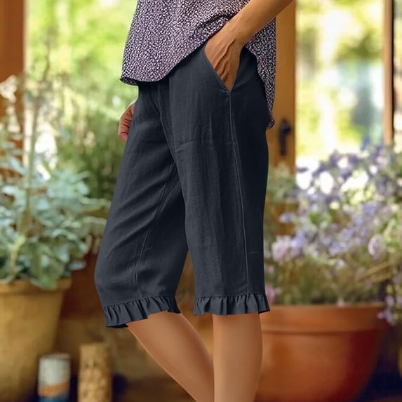 HongQid Women Linen Shorts Casual Knee Length Shorts with Ruffle Hem Summer Beach Lightweight Capri Pants