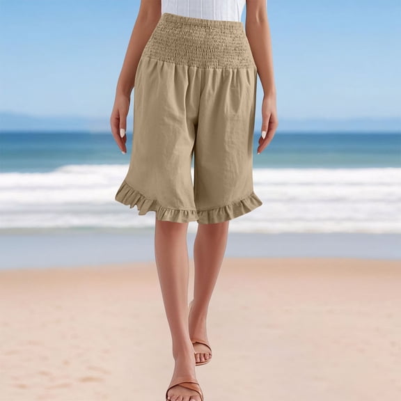 HongQid Women Linen Shorts Casual Knee Length Shorts with Ruffle Hem Summer Beach Lightweight Capri Pants