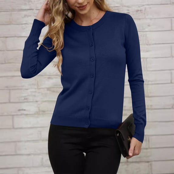HongQid Women Long Sleeve Button Up Ribbed Knit Cardigan Slim Fit Round Neck Sweater Fall Going Out Tops