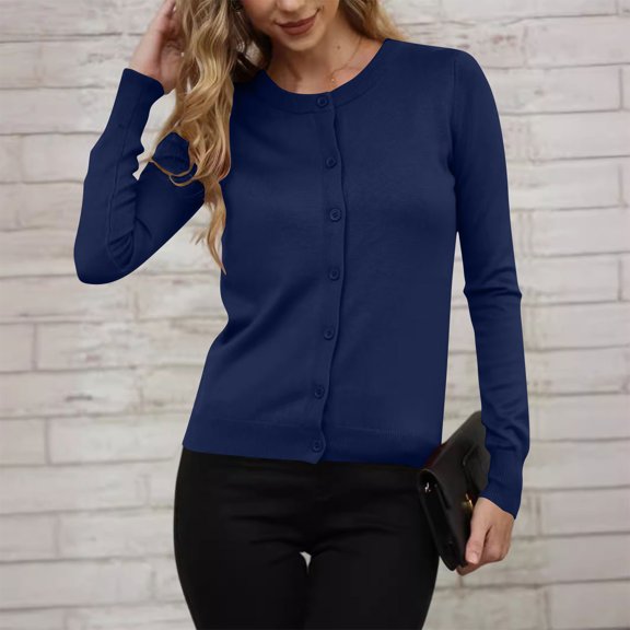 HongQid Women Long Sleeve Button Up Ribbed Knit Cardigan Slim Fit Round Neck Sweater Fall Going Out Tops