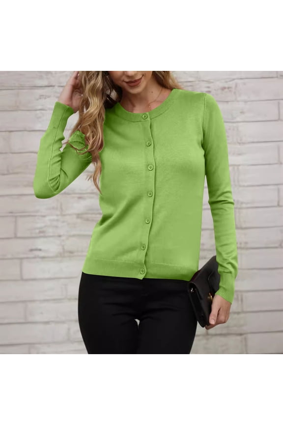 Women Long Sleeve Button Up Ribbed Knit Cardigan Slim Fit Round Neck Sweater Fall Going Out Tops