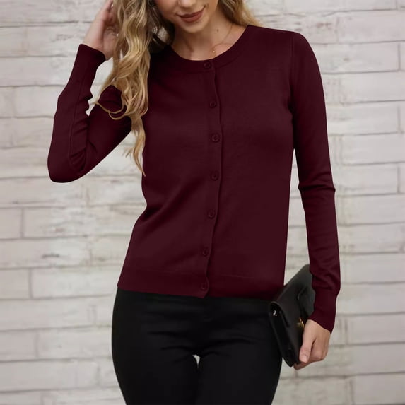 HongQid Women Long Sleeve Button Up Ribbed Knit Cardigan Slim Fit Round Neck Sweater Fall Going Out Tops