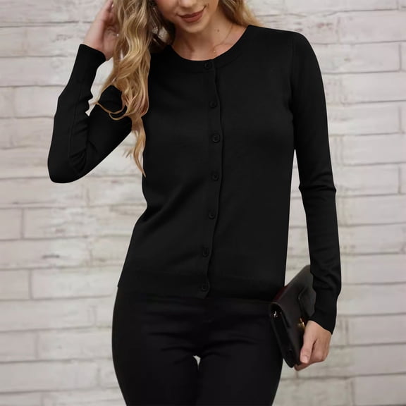 HongQid Women Long Sleeve Button Up Ribbed Knit Cardigan Slim Fit Round Neck Sweater Fall Going Out Tops