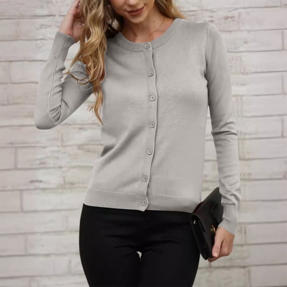 HongQid Women Long Sleeve Button Up Ribbed Knit Cardigan Slim Fit Round Neck Sweater Fall Going Out Tops