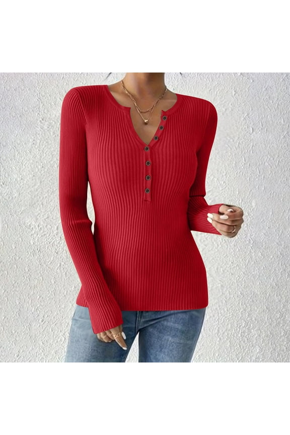 Women Long Sleeve Shirts Fall Tops V Neck Button Up Slim Fit Ribbed Knit Solid Color Casual Shirts 2025