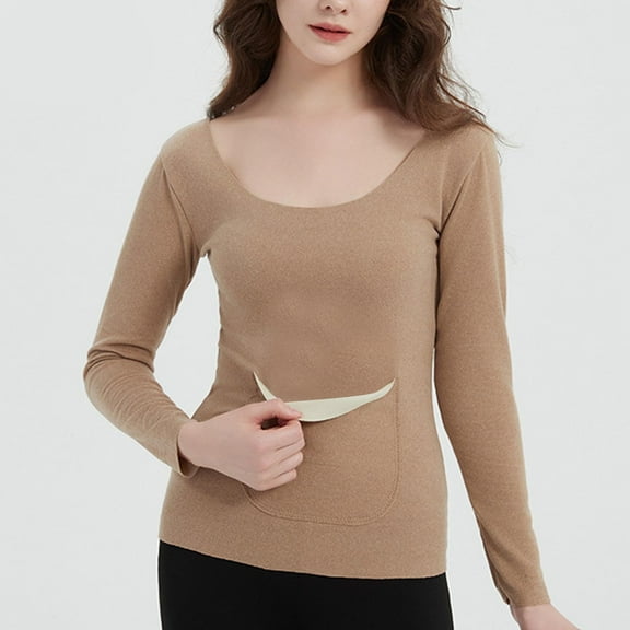 HongQid Women Long Sleeve Thermal Shirt with Pocket, Scoop Neck Undershirt Ultra Soft Base Layer Tops for Women Cold Weather