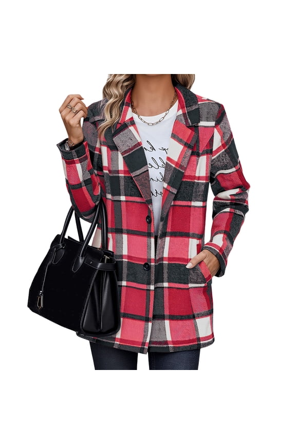 Women Plaid Shacket Jacket Trendy Fall Casual Button Wool Blend Tartan Trench Coat Winter Clothing with Pockets