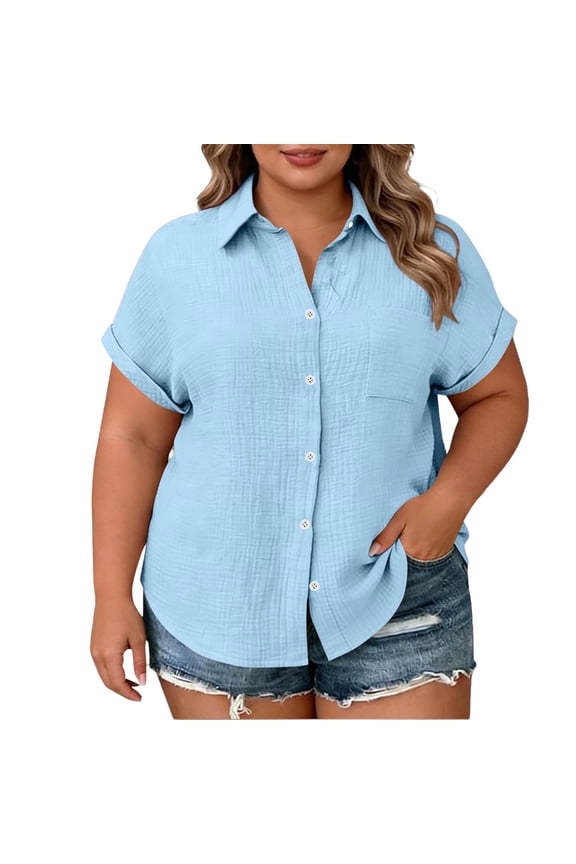 Women Plus Size Button Down Short Sleeve Shirts Collared Summer Blouse Casual Tops with Pockets