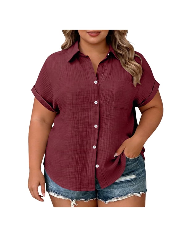 Women Plus Size Button Down Short Sleeve Shirts Collared Summer Blouse Casual Tops with Pockets
