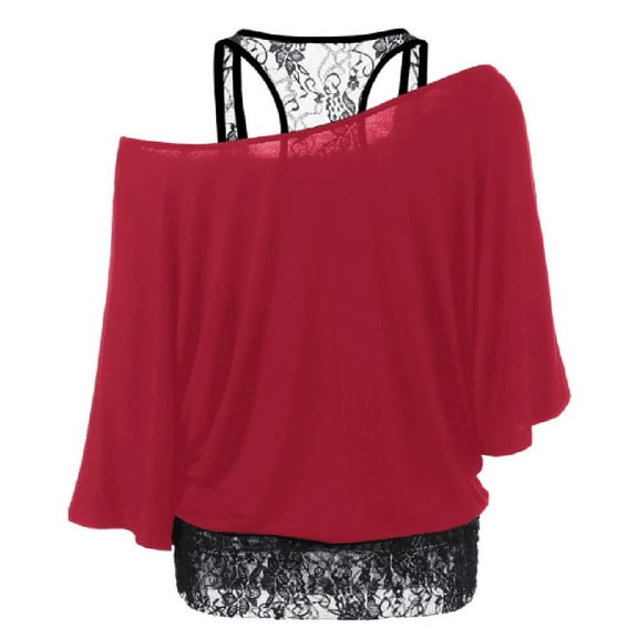 HongQid Women Plus Size Round-Neck Lace Patchwork Loose Casual 3/4 Sleeves Tops Blouse Shirt