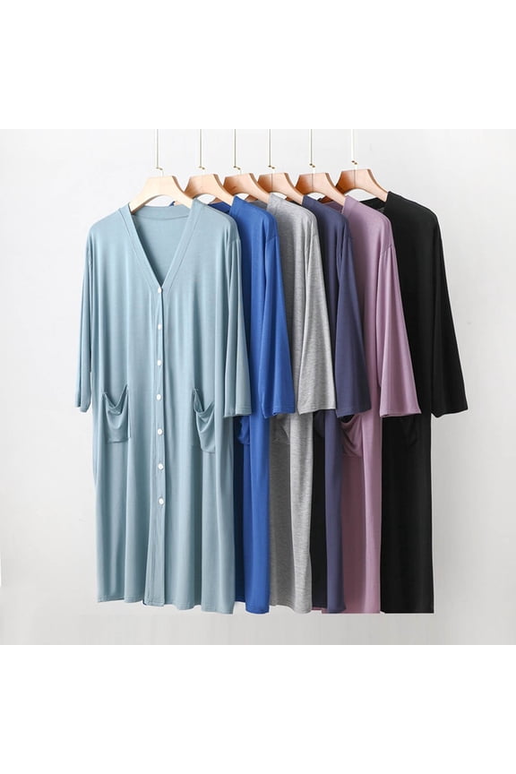 Women Robe Modal Long Cardigan Lightweight Button Front Loungewear Kimono Style Nightgown with Pockets