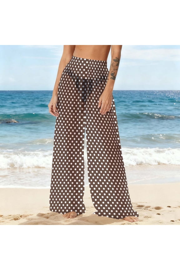 Women See Through Mesh Flare Cover up Pants Swimsuit Bikini Bottom Elastic Waist Chiffon Wide Leg Palazzo Trousers