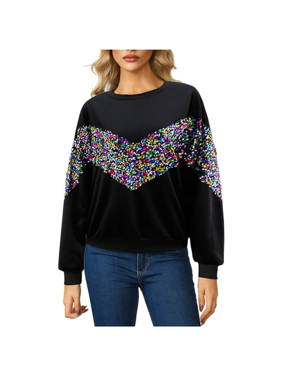 Women Sequin Sweatshirt Sparkle Crewneck Long Sleeve Pullover Tops