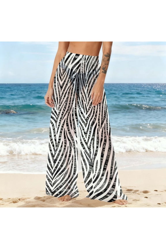 Women Sheer Mesh Flare Cover up Pants Swimsuit Bikini Bottom Chiffon Elastic Waist Wide Leg Palazzo Trousers Summer